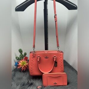 Coach Surrey Carryall with Studs and Accordion Zip Wallet Set Coral/Silver